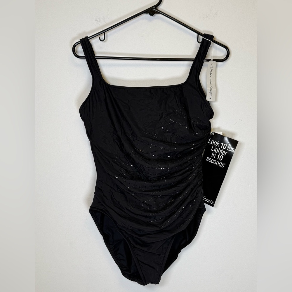 New! Miraclesuit Ruched One-Piece Black Swimsuit Sequin Detail Women’s Size 14